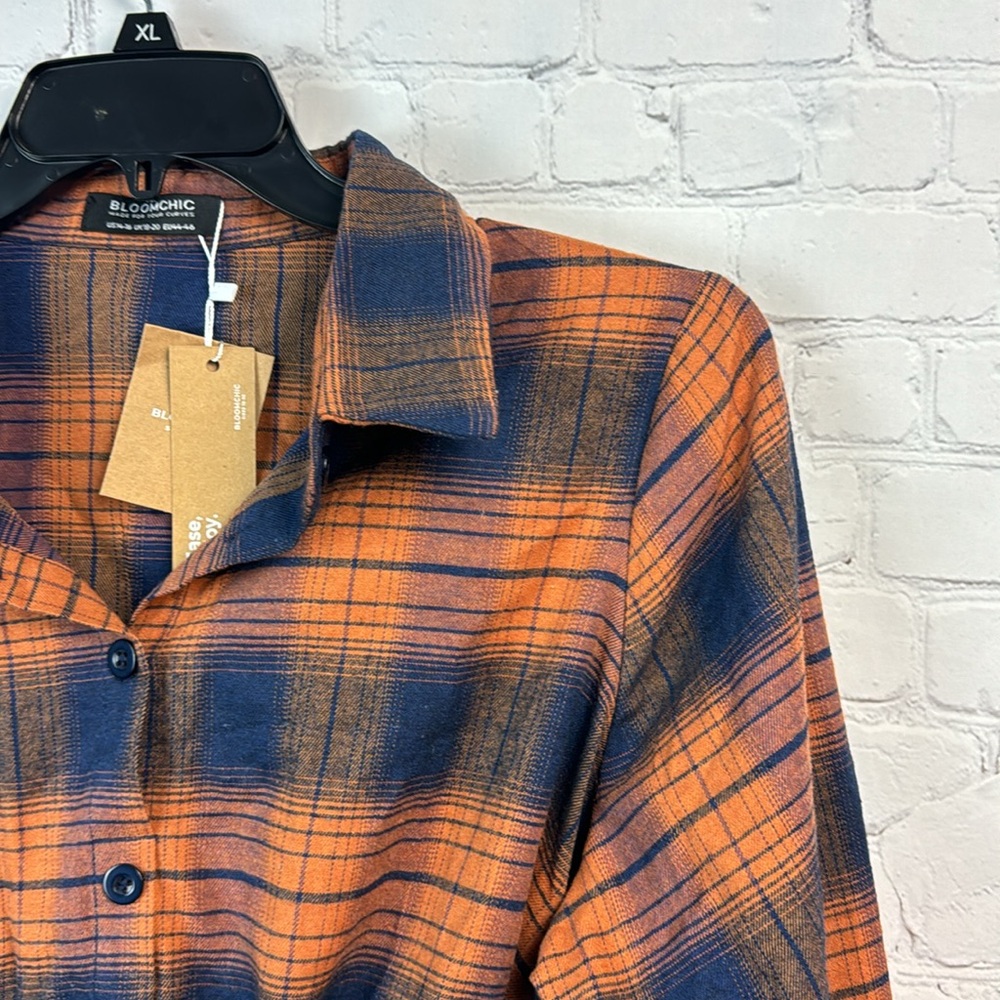 BloomChic Orange & Blue Plaid Tie Waist Flannel Top Plus Size 1X - Picture 3 of 6